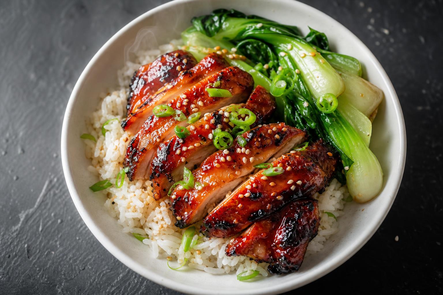 Sliced char siu chicken with glossy red glaze over rice with bok choy