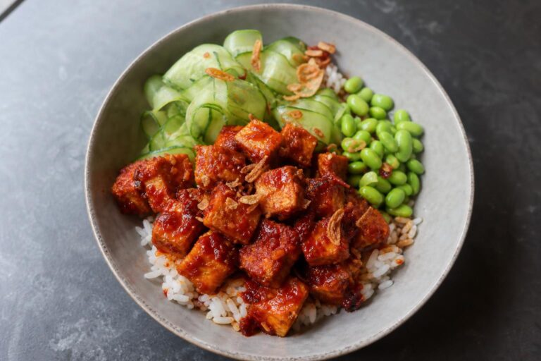 Crispy sambal tofu bowl with edamame