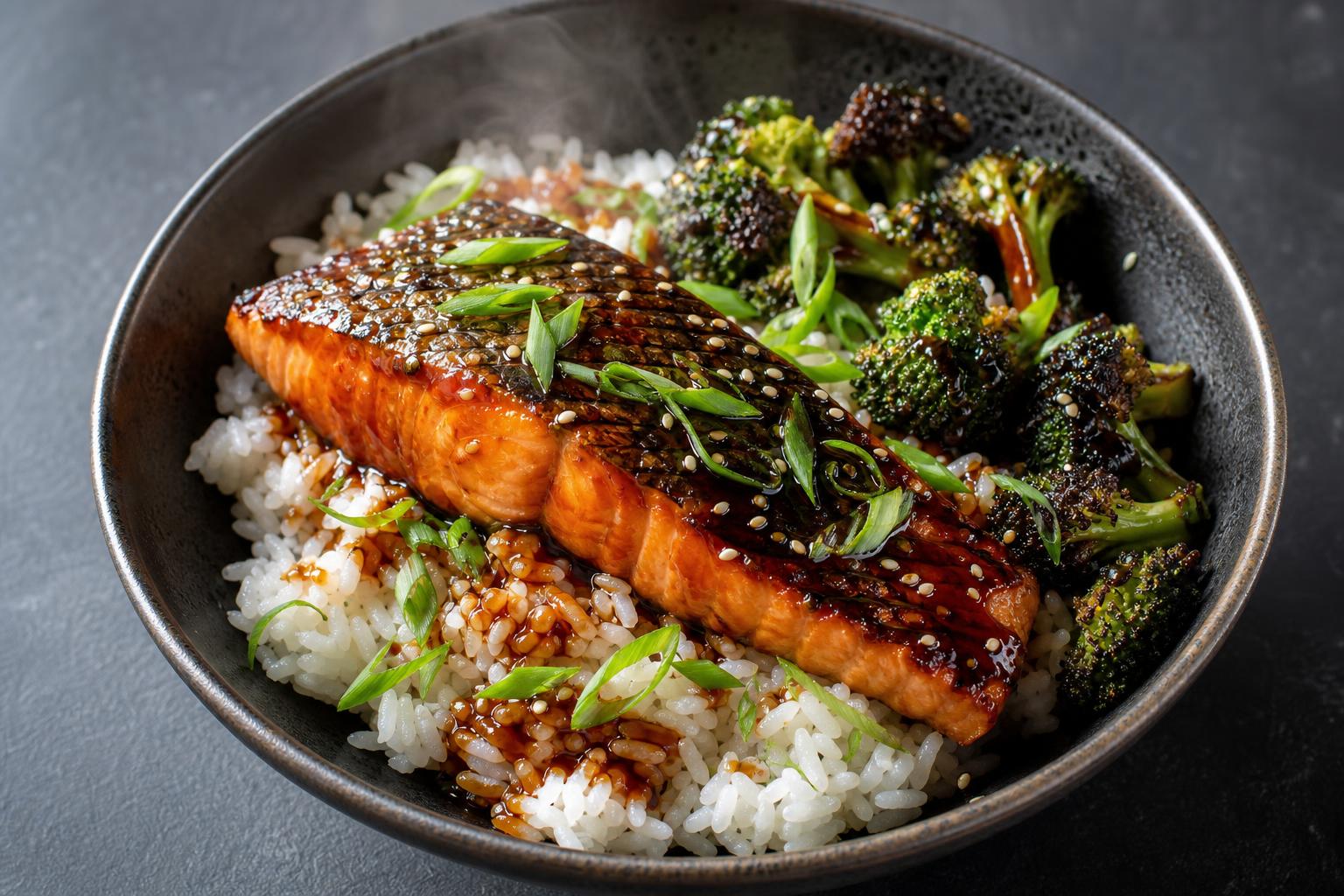 Teriyaki glazed salmon over rice with charred broccoli