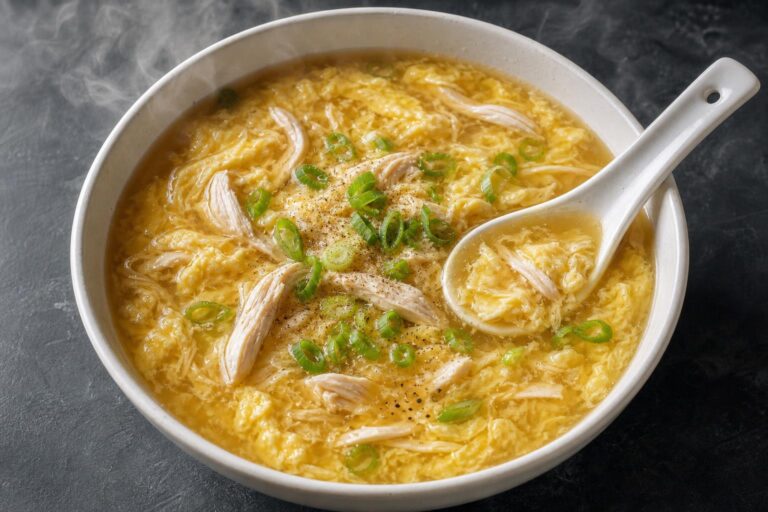 Egg drop soup with shredded chicken and scallions
