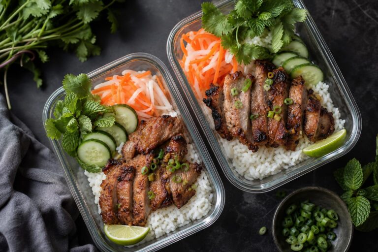 Lemongrass pork meal prep bowls with pickled vegetables