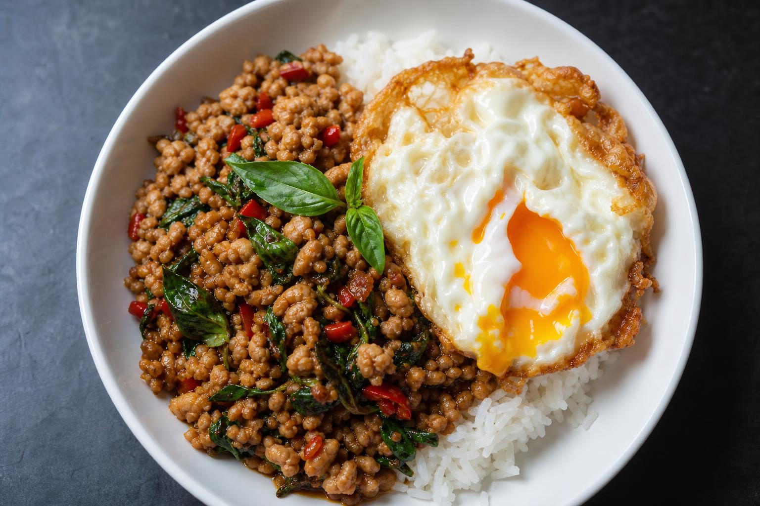 Thai basil chicken over jasmine rice topped with a crispy fried egg