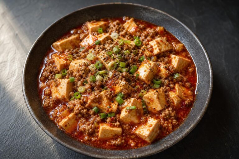 Mapo tofu with lean ground pork and scallions in a dark bowl