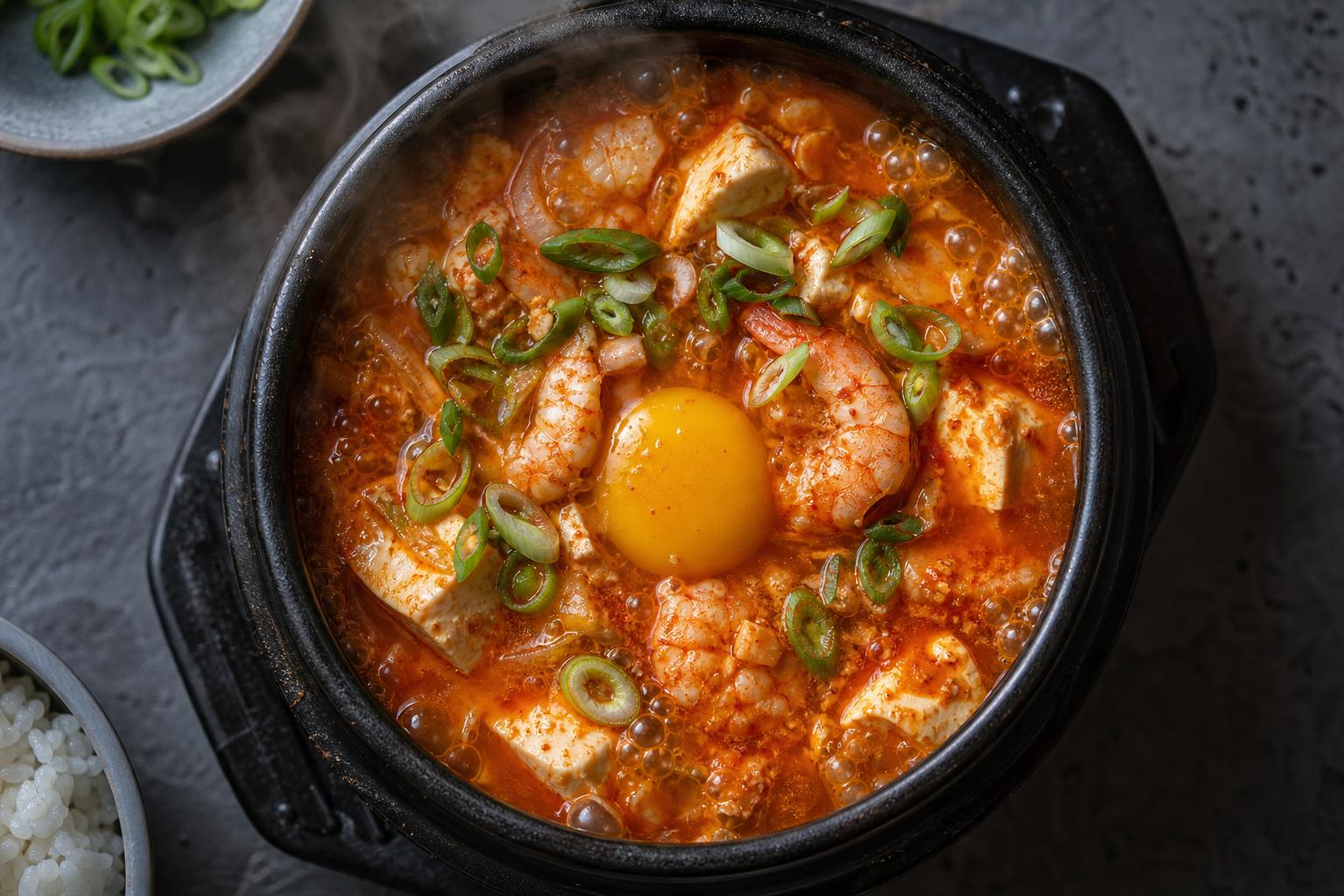 Bubbling sundubu jjigae with prawns and egg in a stone pot