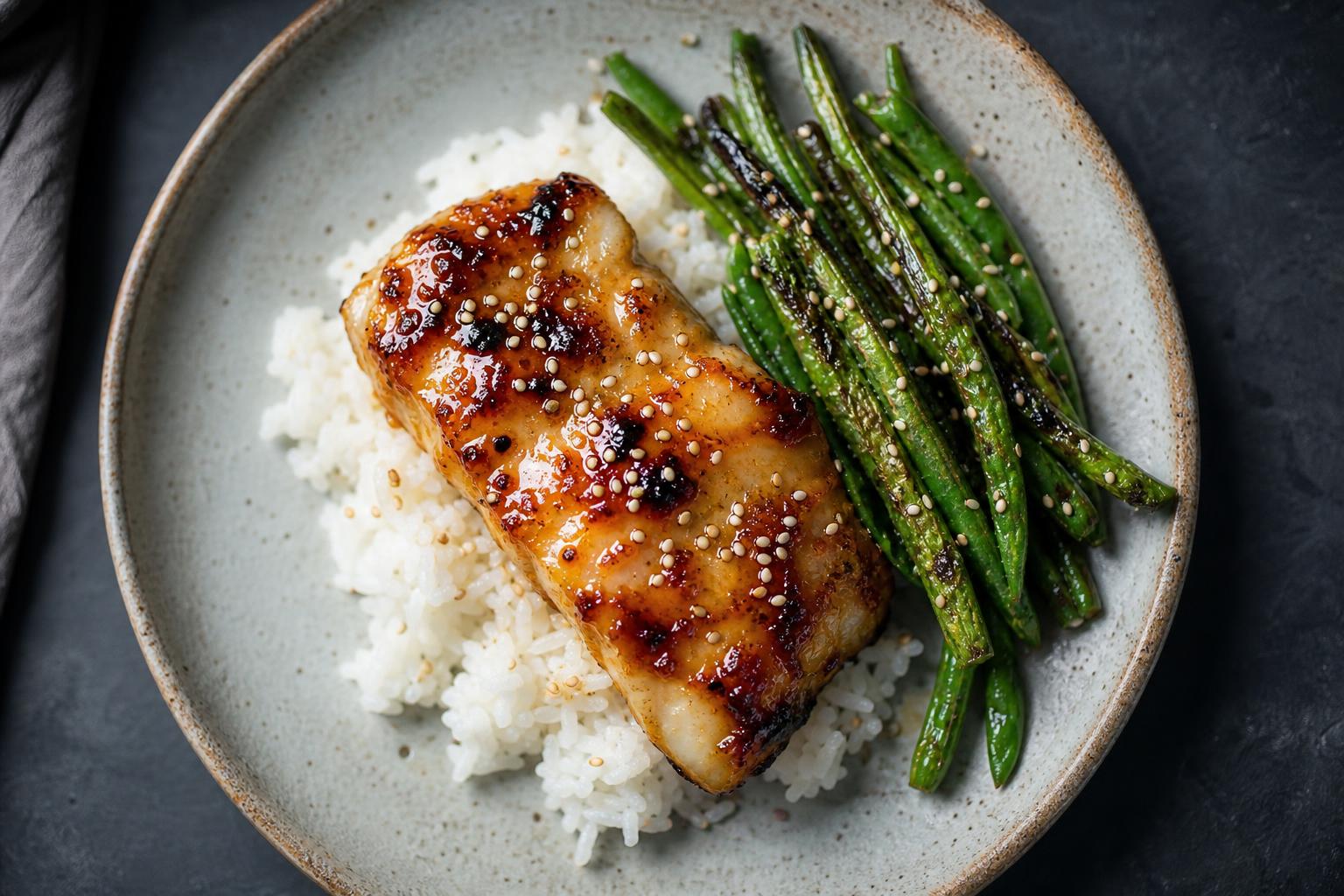 Broiled miso glazed cod with caramelized glaze over rice and green beans
