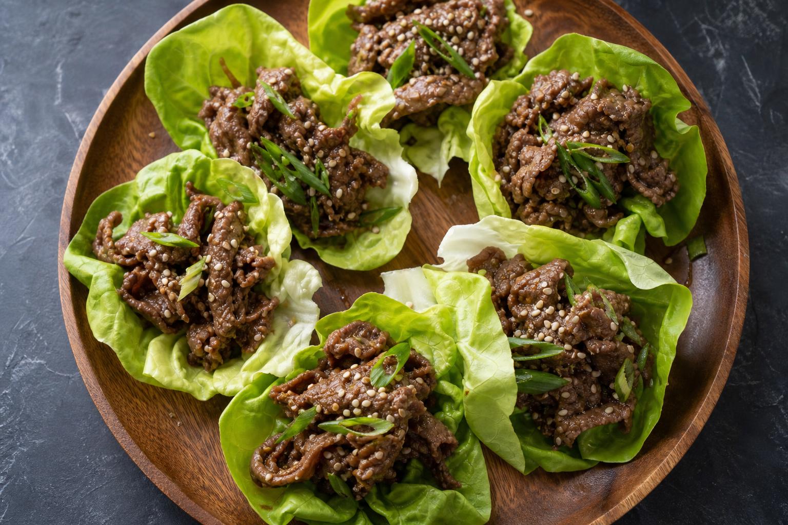 Beef bulgogi in butter lettuce cups with sesame seeds and scallions