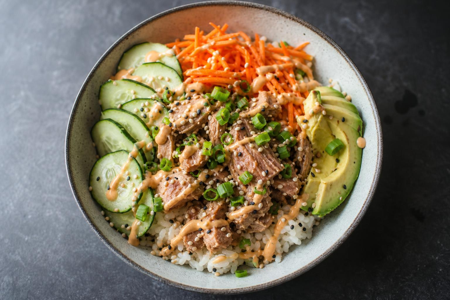 Canned tuna poke bowl with cucumber, carrot, avocado and sriracha mayo over rice