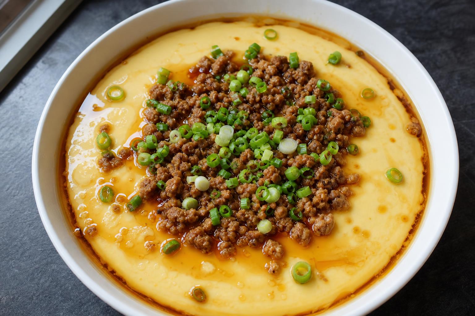 Silky Chinese steamed egg custard topped with soy-glazed minced pork and scallions