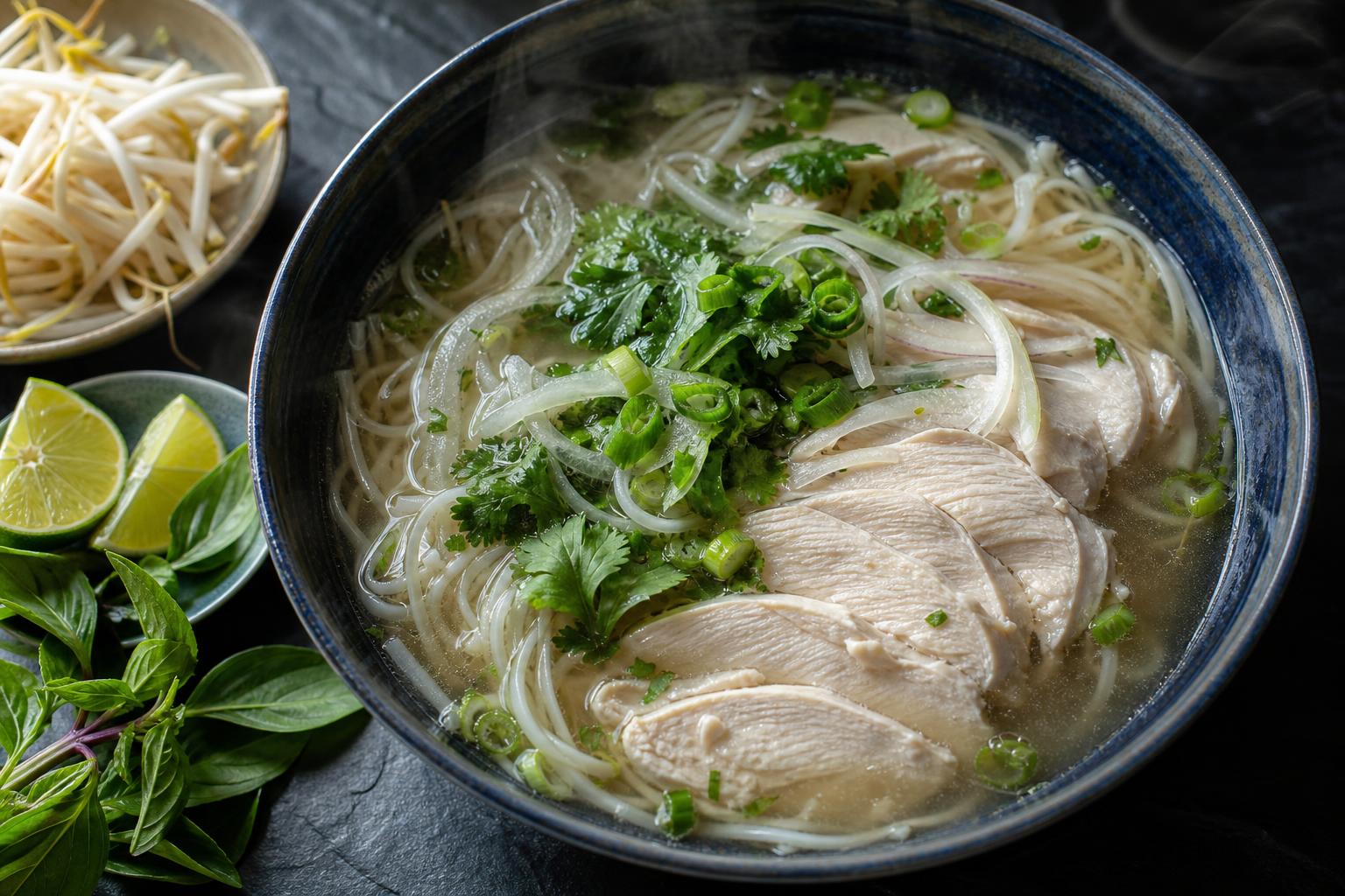 Bowl of chicken pho with rice noodles, sliced chicken breast, herbs and lime