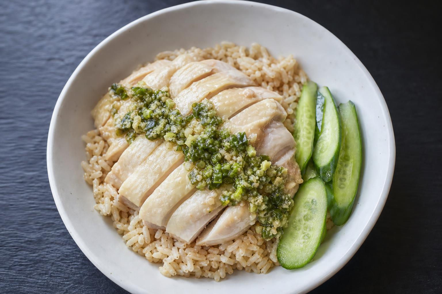 Sliced poached chicken breast over ginger rice with scallion sauce and cucumber