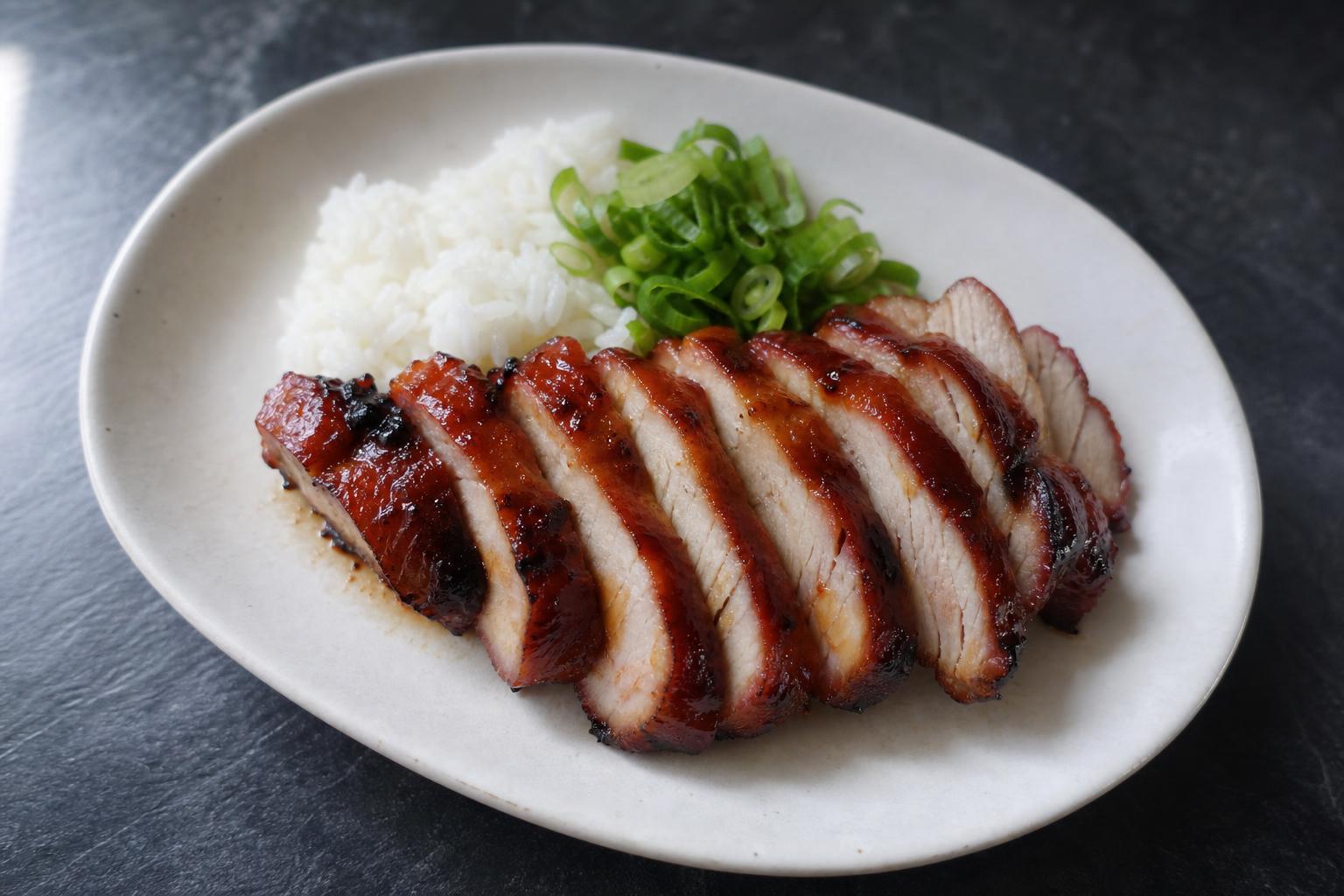 Sliced char siu pork tenderloin with glazed edges next to rice and scallions