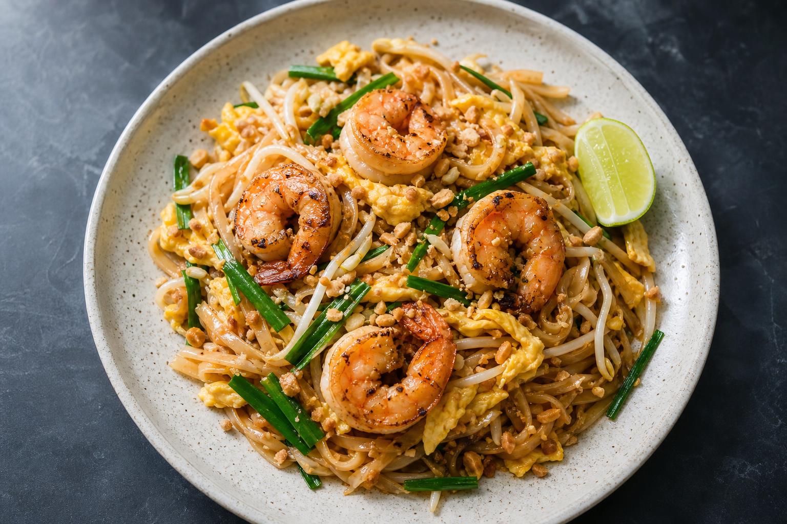 Shrimp pad thai with scrambled egg, peanuts, bean sprouts and lime