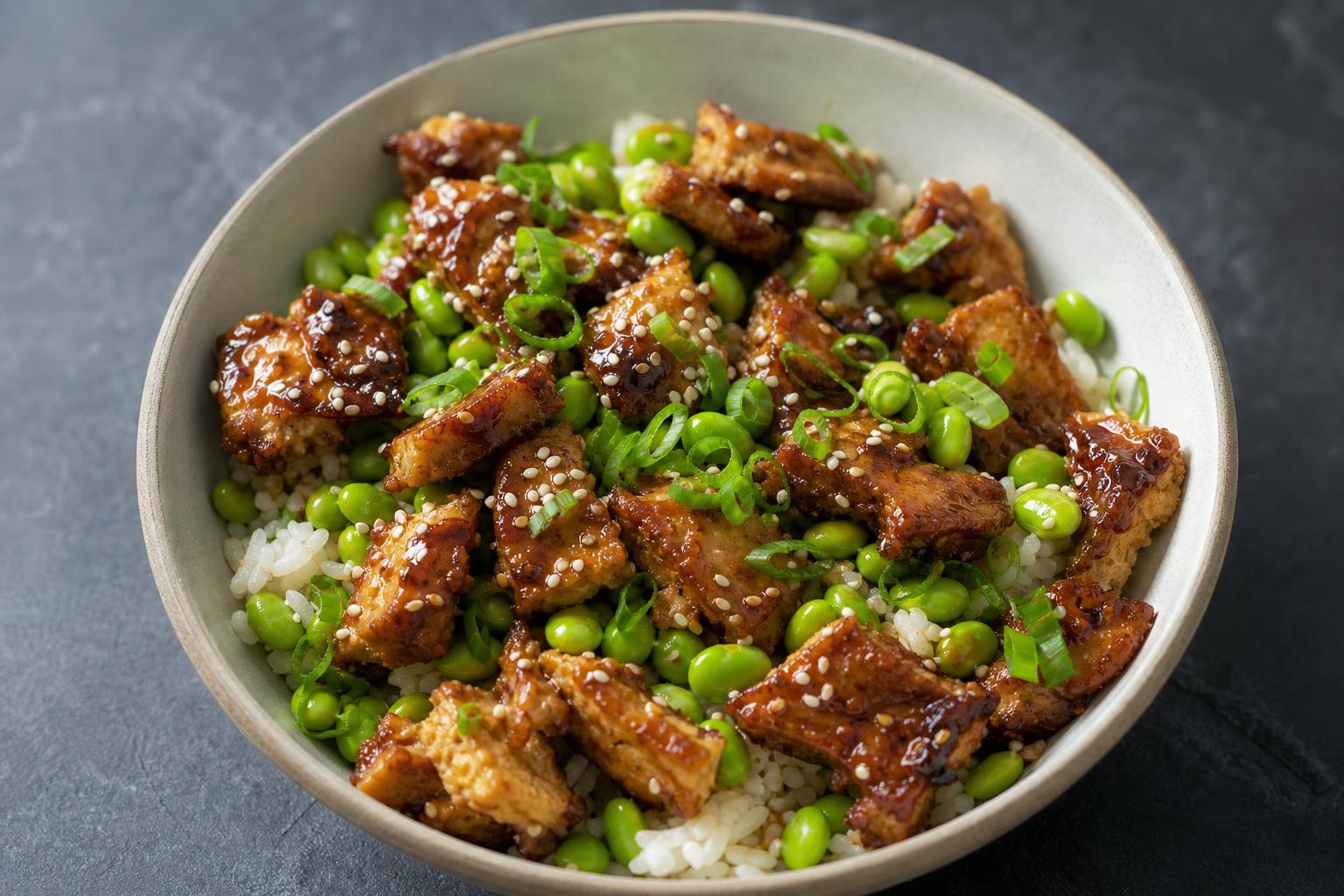 Crispy torn teriyaki tofu over rice with edamame and sesame seeds