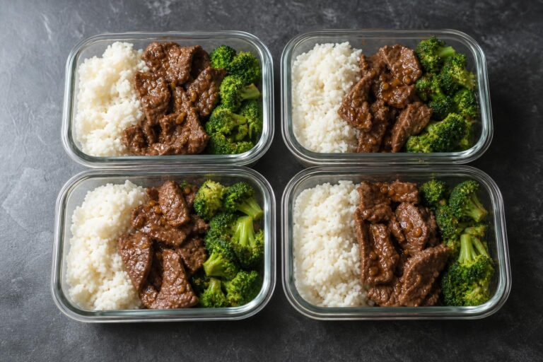 Four glass meal prep containers with rice, beef in brown sauce, and broccoli