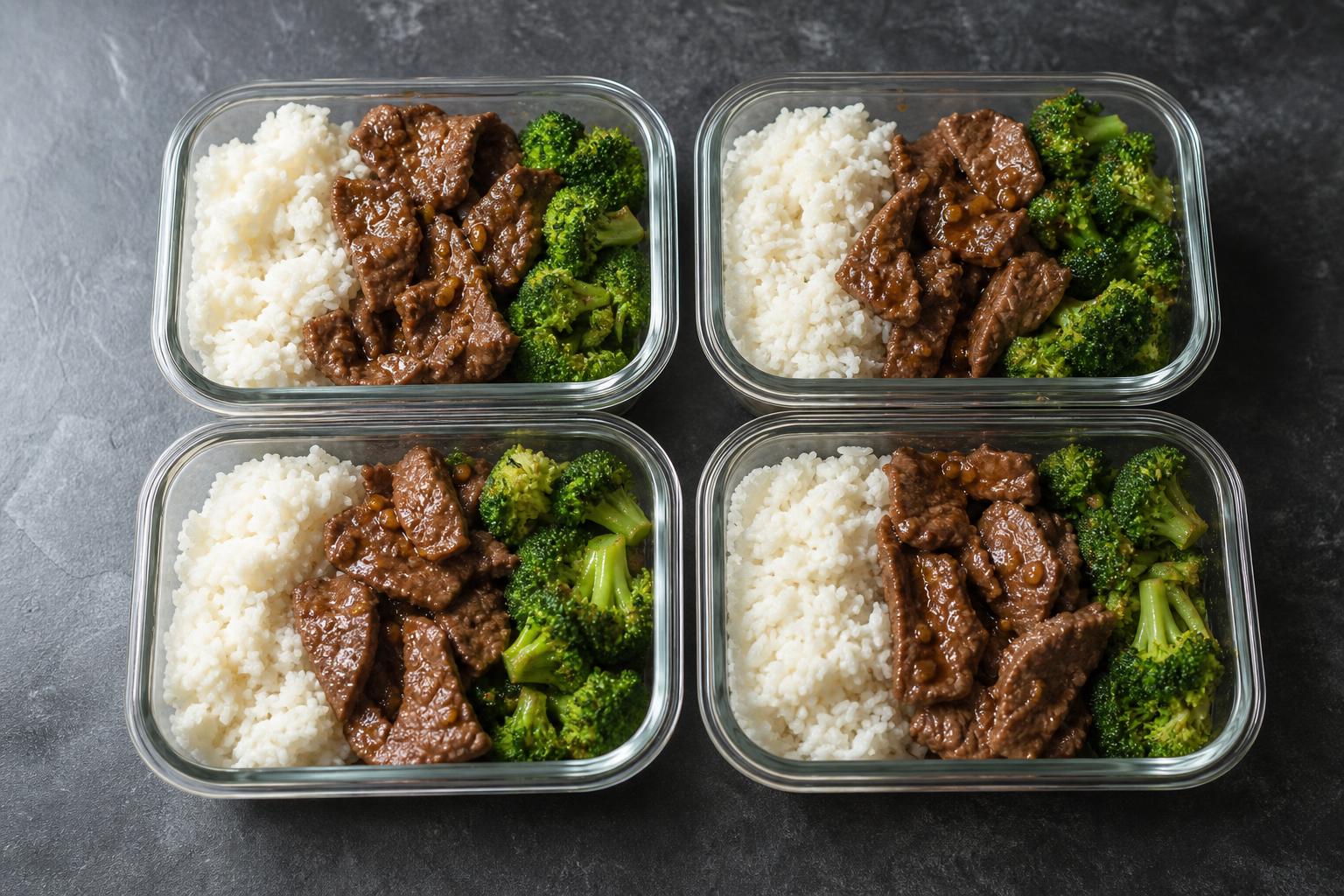 Four glass meal prep containers with rice, beef in brown sauce, and broccoli