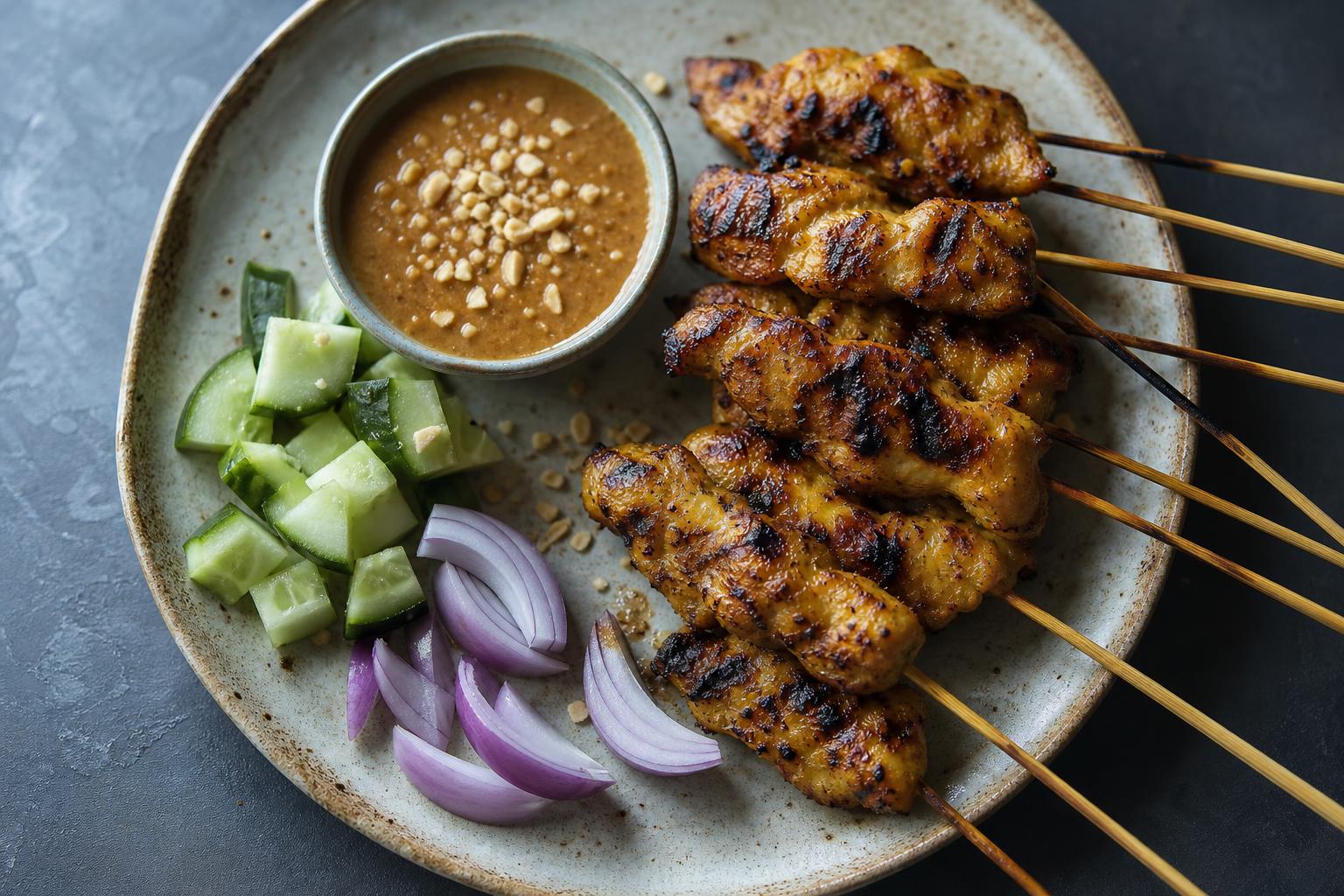Charred chicken satay skewers with peanut sauce, cucumber, and red onion