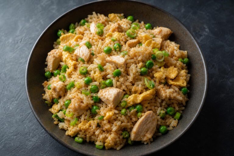 Chicken fried rice with scrambled egg ribbons, peas and scallions in a dark bowl