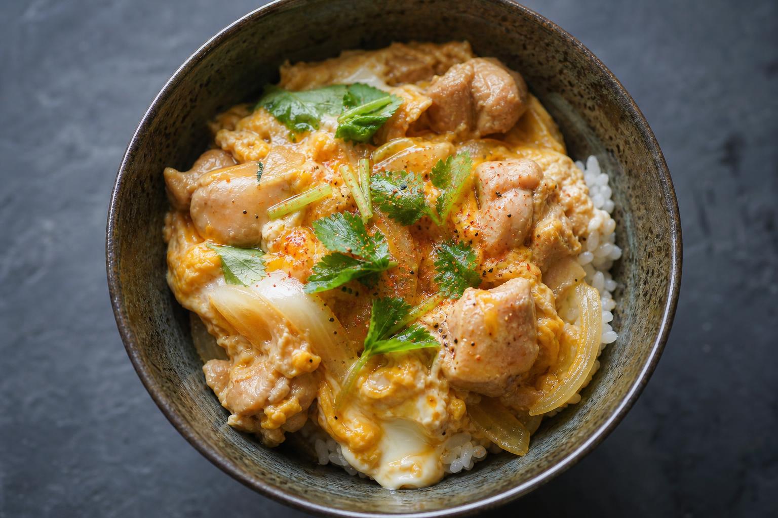 Oyakodon chicken and egg rice bowl with softly set egg and scallions