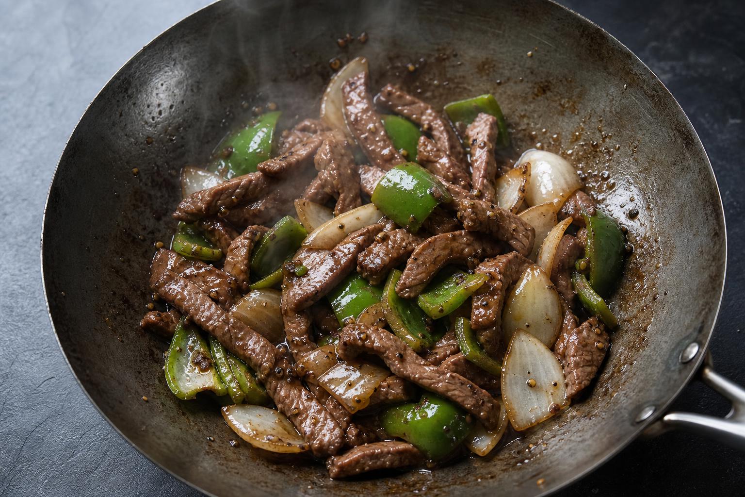 Black pepper beef stir fry with onions and green peppers in a carbon steel wok