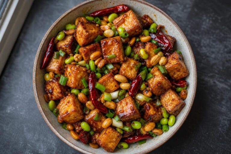 Kung pao tofu with peanuts, dried chilies and edamame in a ceramic bowl