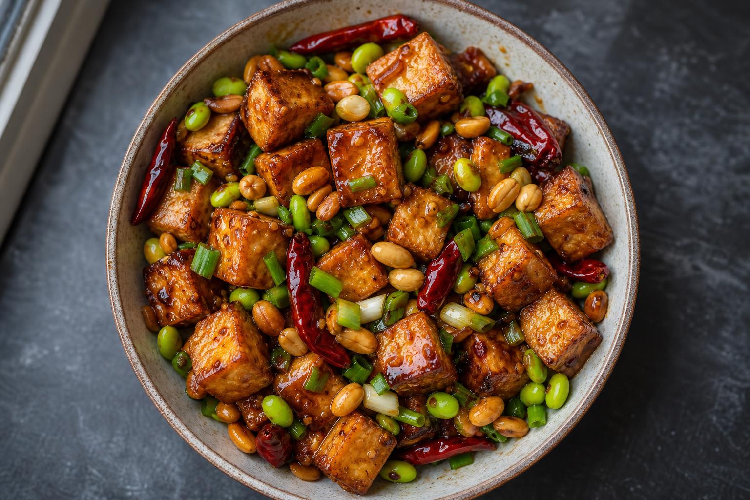 Kung pao tofu with peanuts, dried chilies and edamame in a ceramic bowl