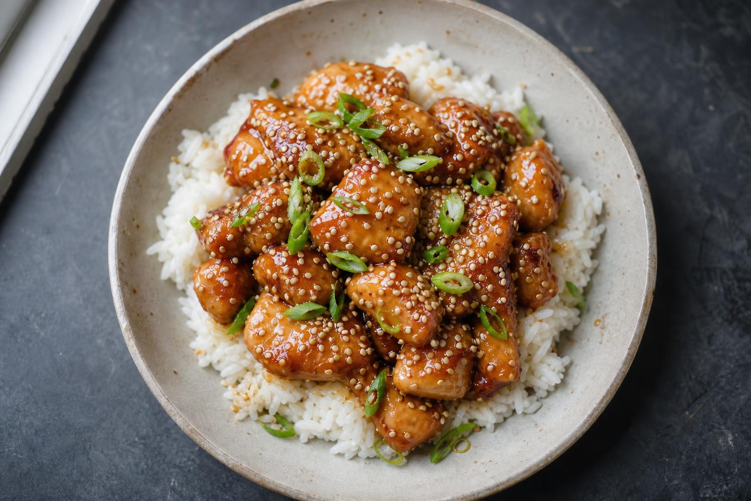 Baked sesame chicken in honey sesame glaze over white rice with scallions