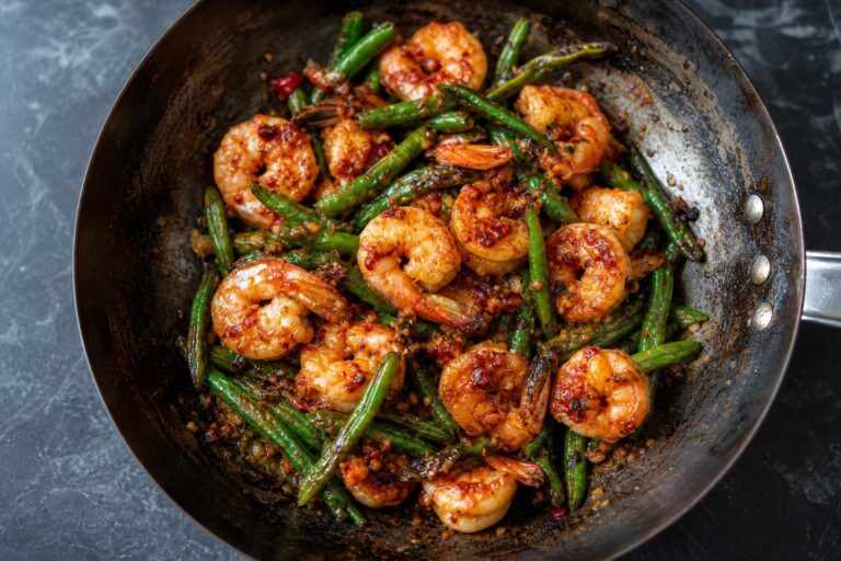 Chili garlic shrimp stir fry with blistered green beans in a wok