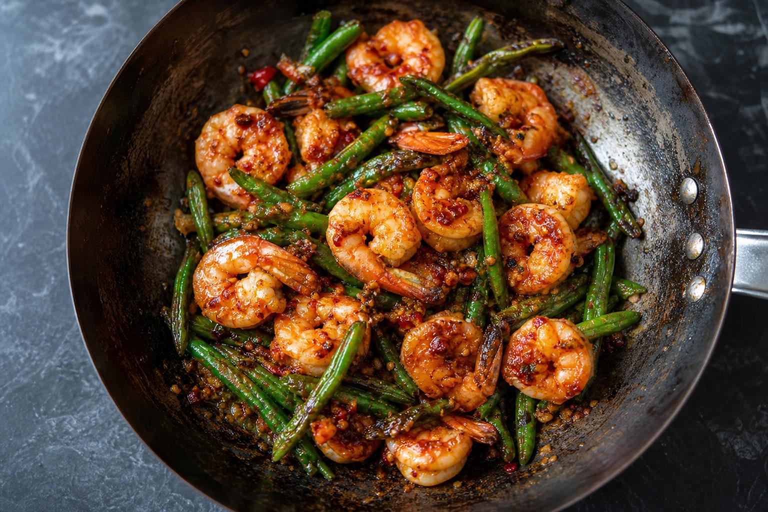 Chili garlic shrimp stir fry with blistered green beans in a wok