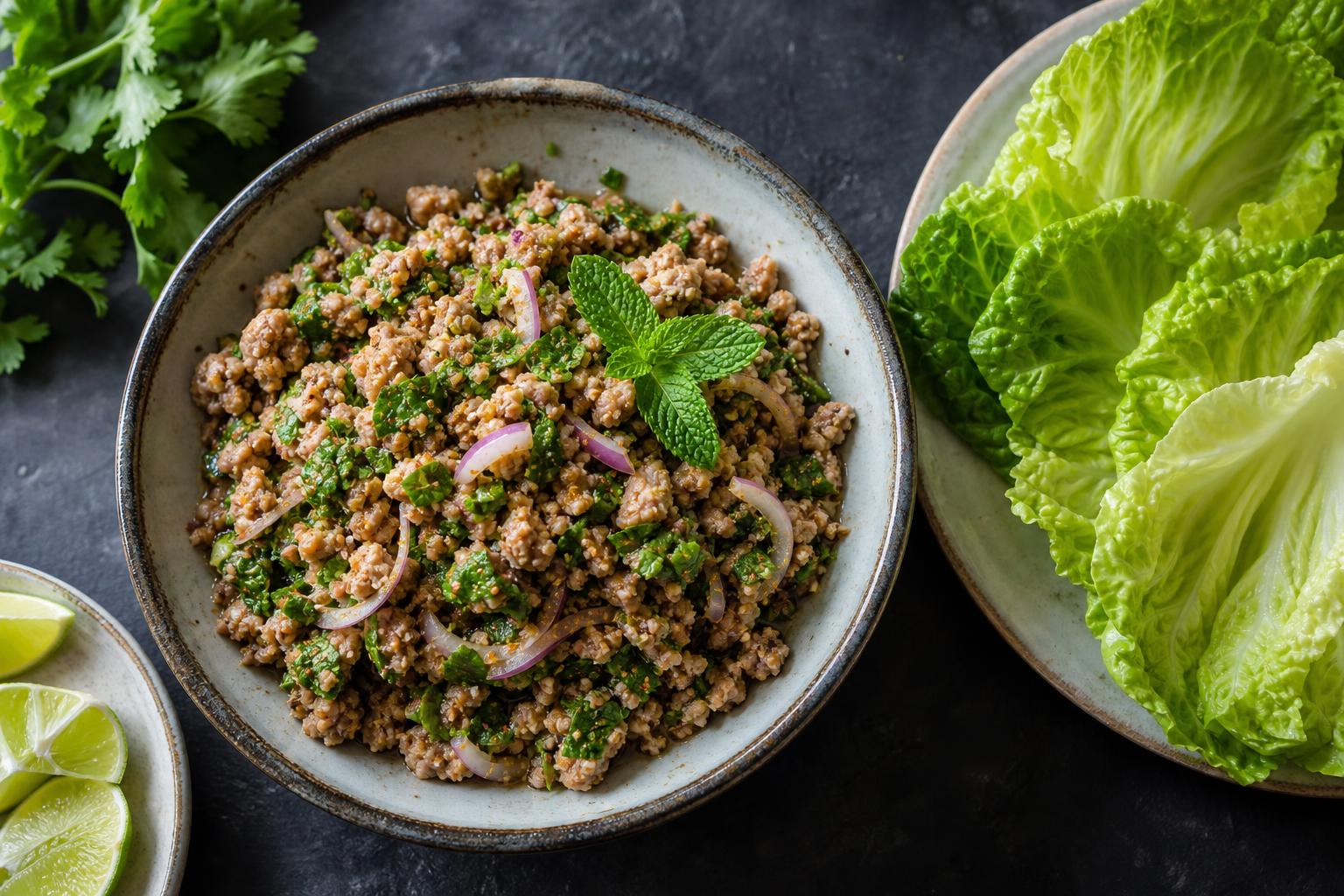 Thai pork larb with herbs and toasted rice powder served with lettuce cups