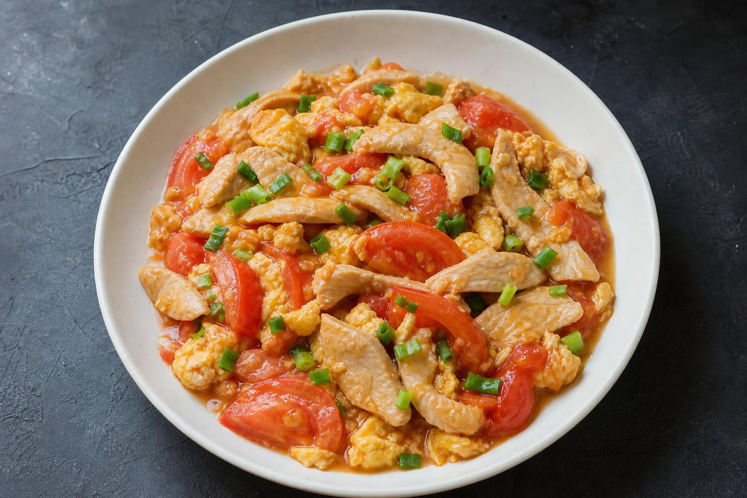 Tomato egg stir fry with sliced chicken breast and scallions on a white plate