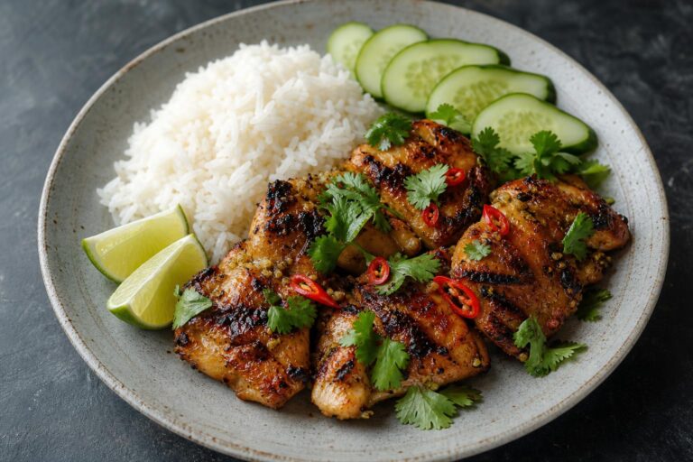 Grilled lemongrass chicken thighs with rice, cucumber, lime and cilantro
