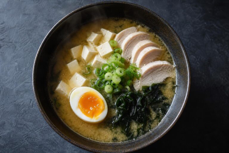 Miso soup with sliced chicken breast, tofu cubes, soft boiled egg and wakame in a dark bowl
