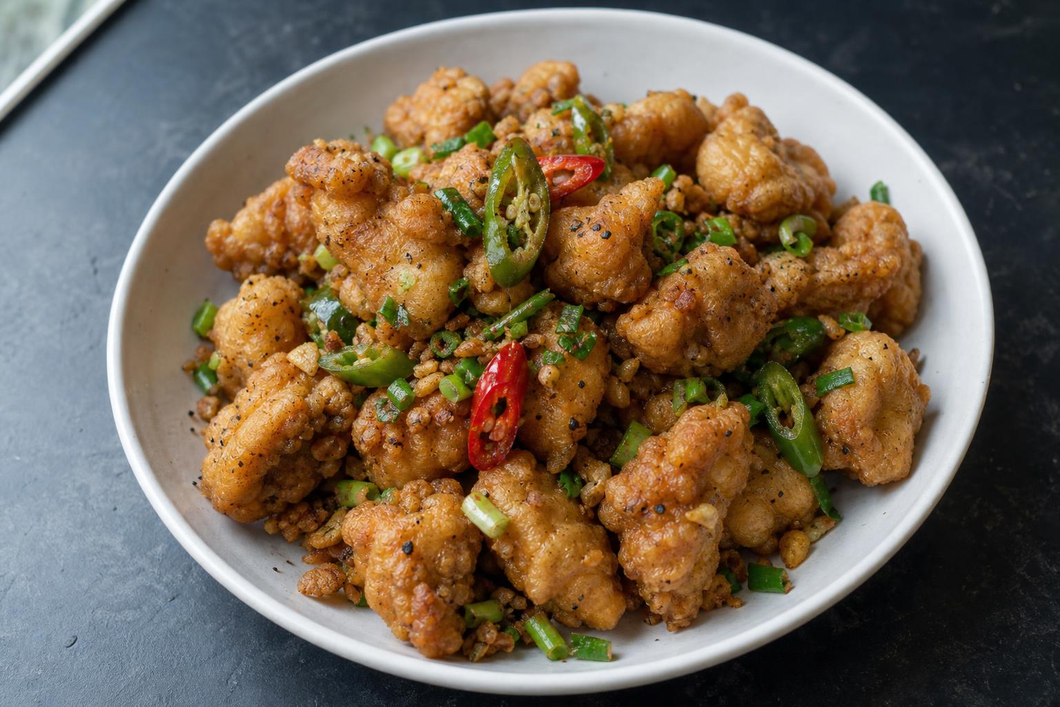 Crispy salt and pepper chicken with garlic, chilies and scallions in a white bowl