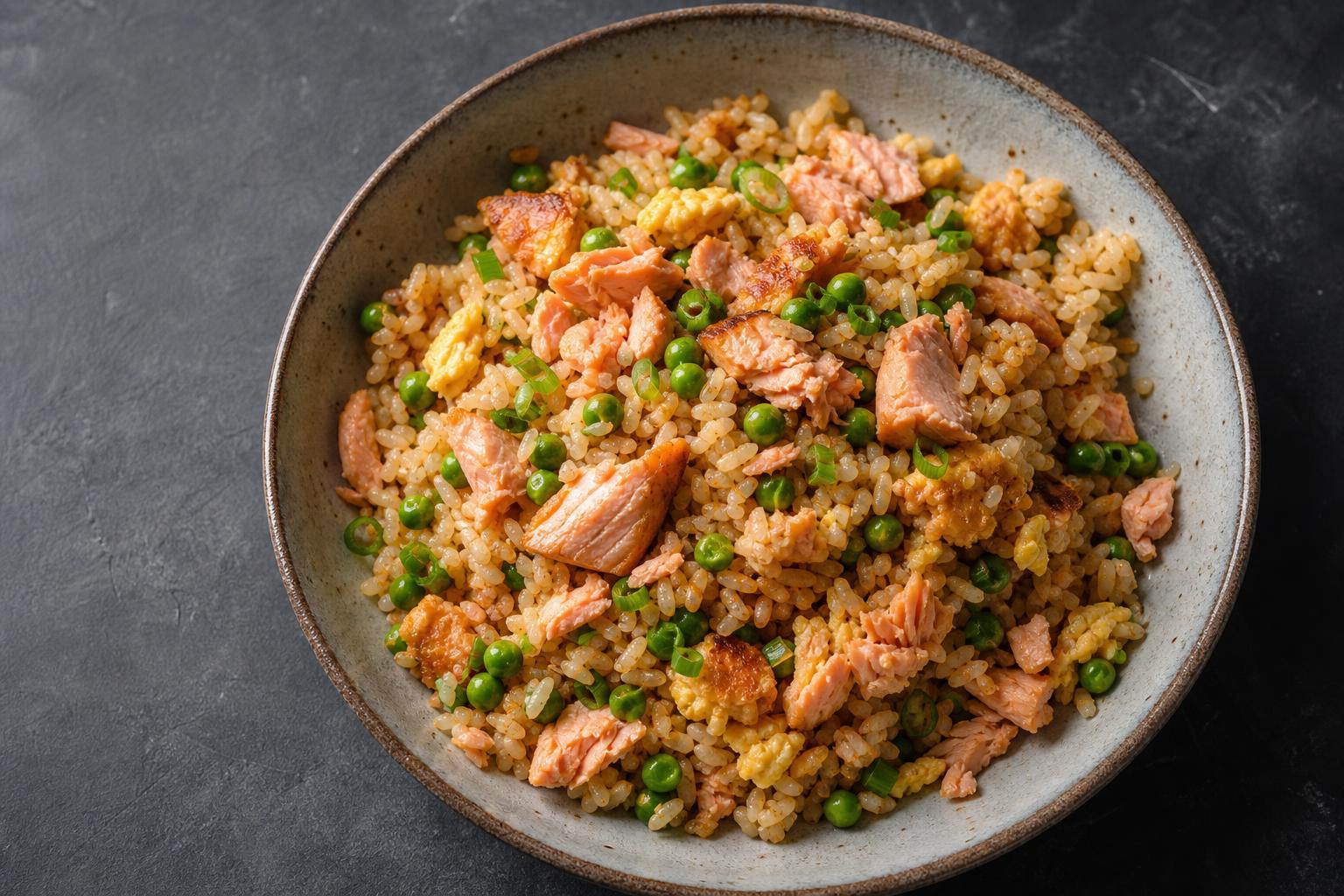 Salmon fried rice with egg, peas, and scallions in a ceramic bowl