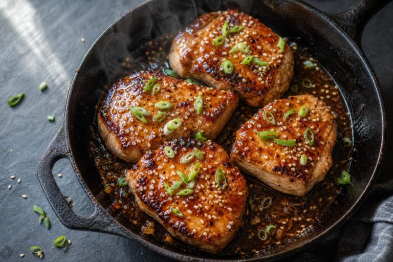 Pan seared pork chops glazed in honey garlic sauce in a cast iron skillet