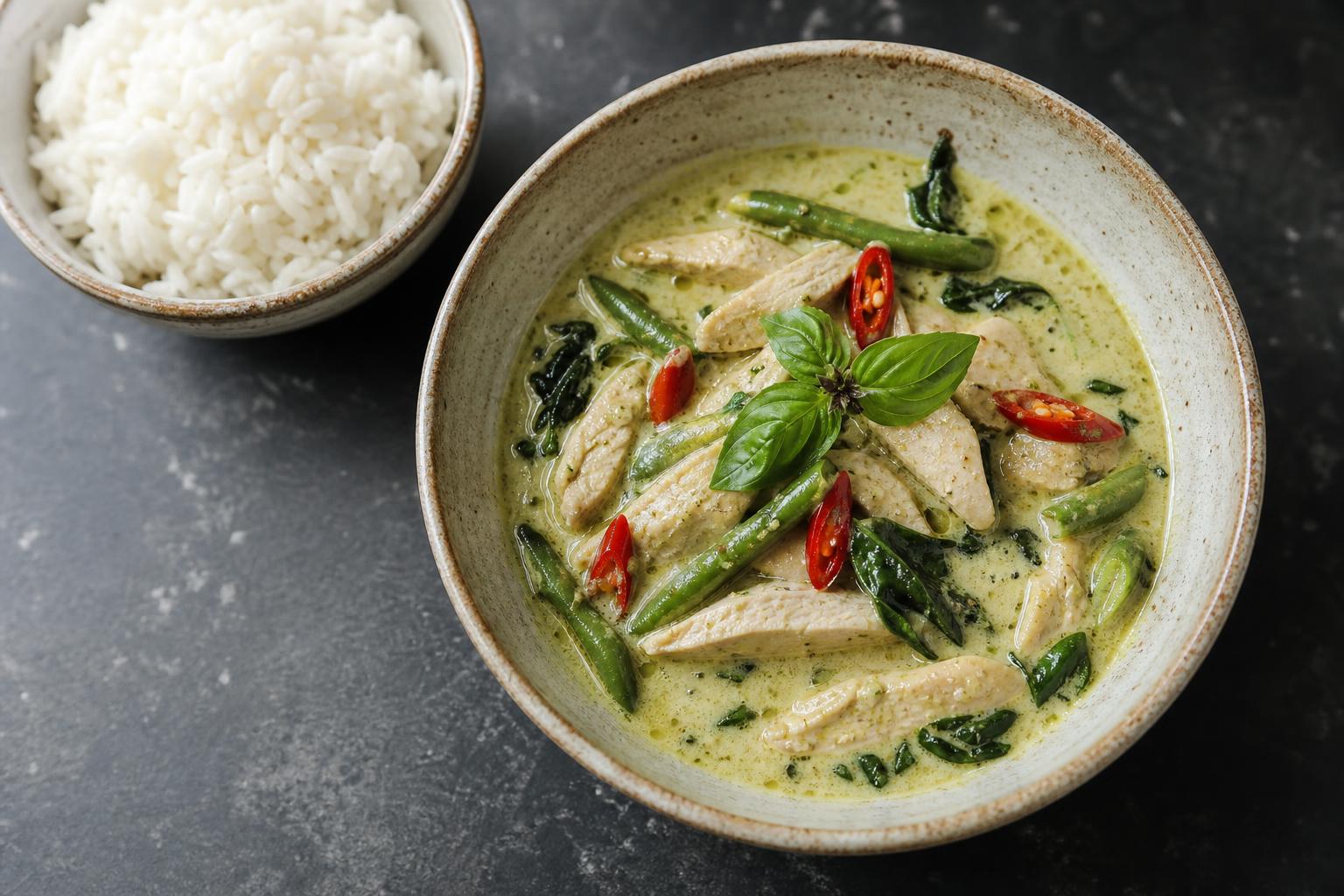 Thai green curry chicken with green beans and basil in a ceramic bowl next to jasmine rice