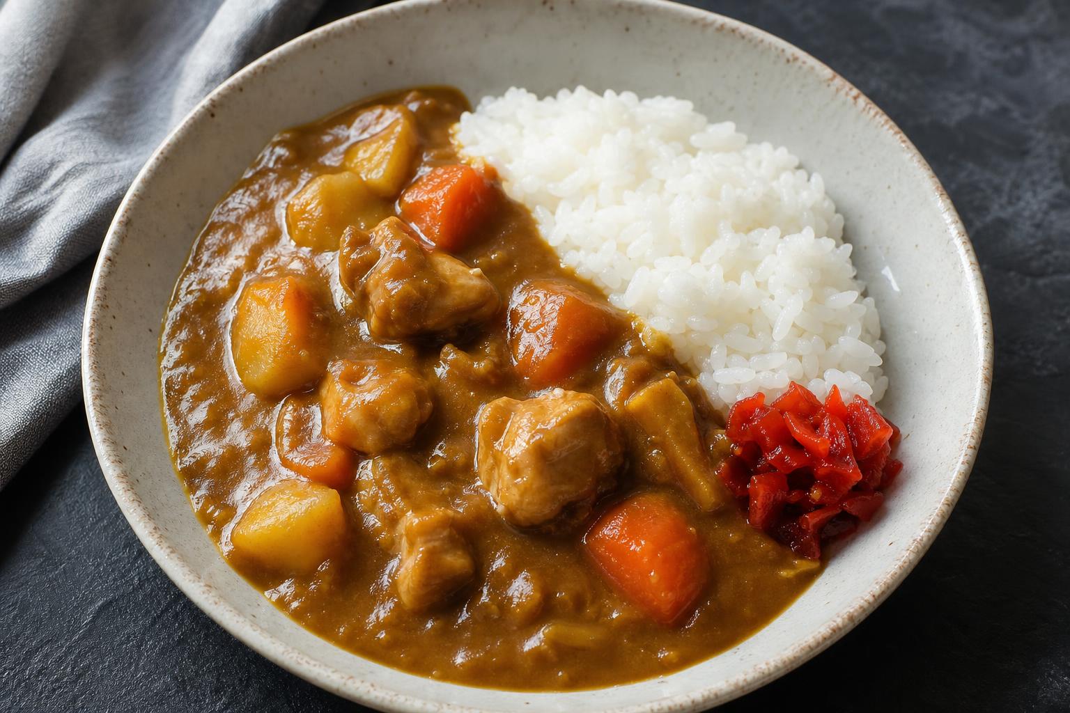 Japanese chicken curry with potato and carrot served beside short grain rice