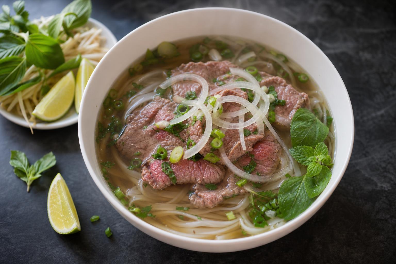 Beef pho with rare sirloin slices, rice noodles, and fresh herbs