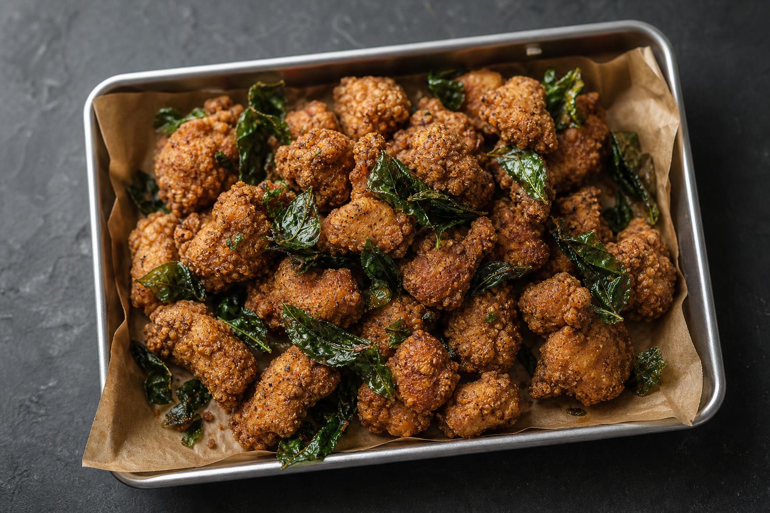 Taiwanese popcorn chicken with five spice and crispy basil on a lined tray