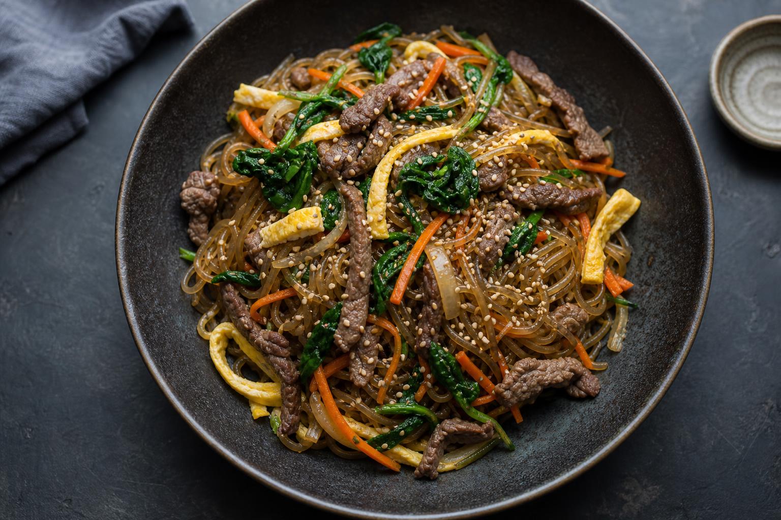 Korean japchae glass noodles with beef strips, egg ribbons, spinach, and carrot