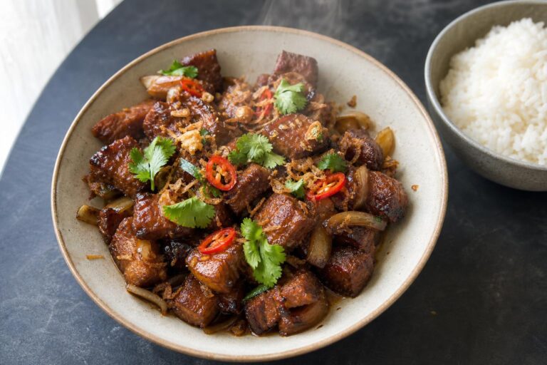 Indonesian sweet soy pork in a ceramic bowl with chili, fried shallots and rice