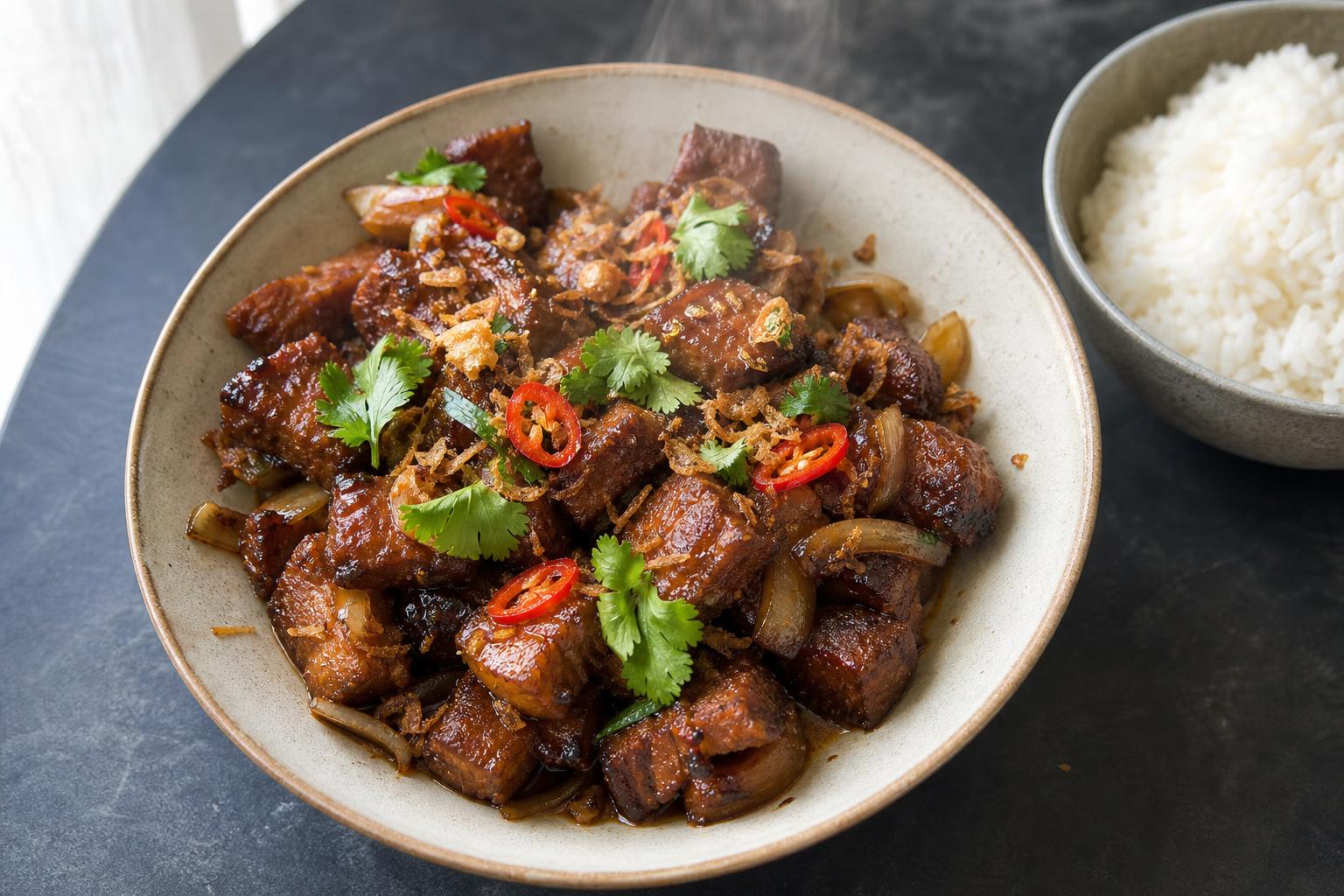 Indonesian sweet soy pork in a ceramic bowl with chili, fried shallots and rice