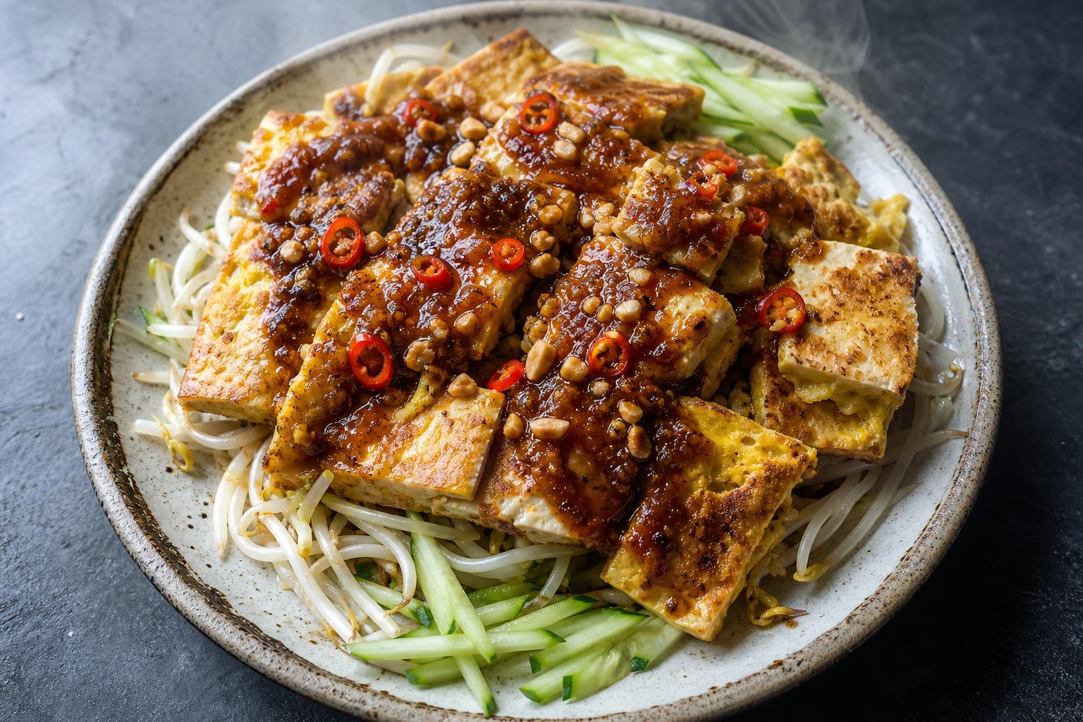 Tauhu telur, crispy Malaysian tofu omelette cut into squares over bean sprouts and cucumber with peanut sauce