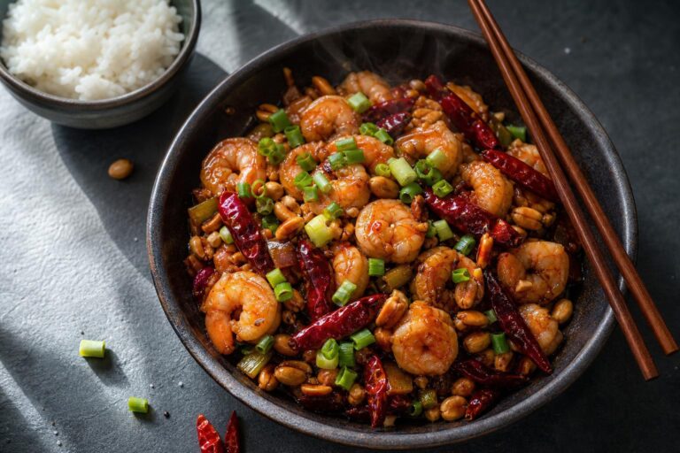 Overhead bowl of kung pao shrimp with dried red chilies, peanuts, and scallions on a dark slate surface