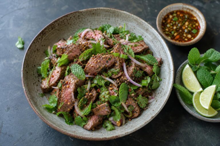 Thai waterfall beef salad with sliced steak, shallots, mint, cilantro, and chili flakes in a rustic bowl