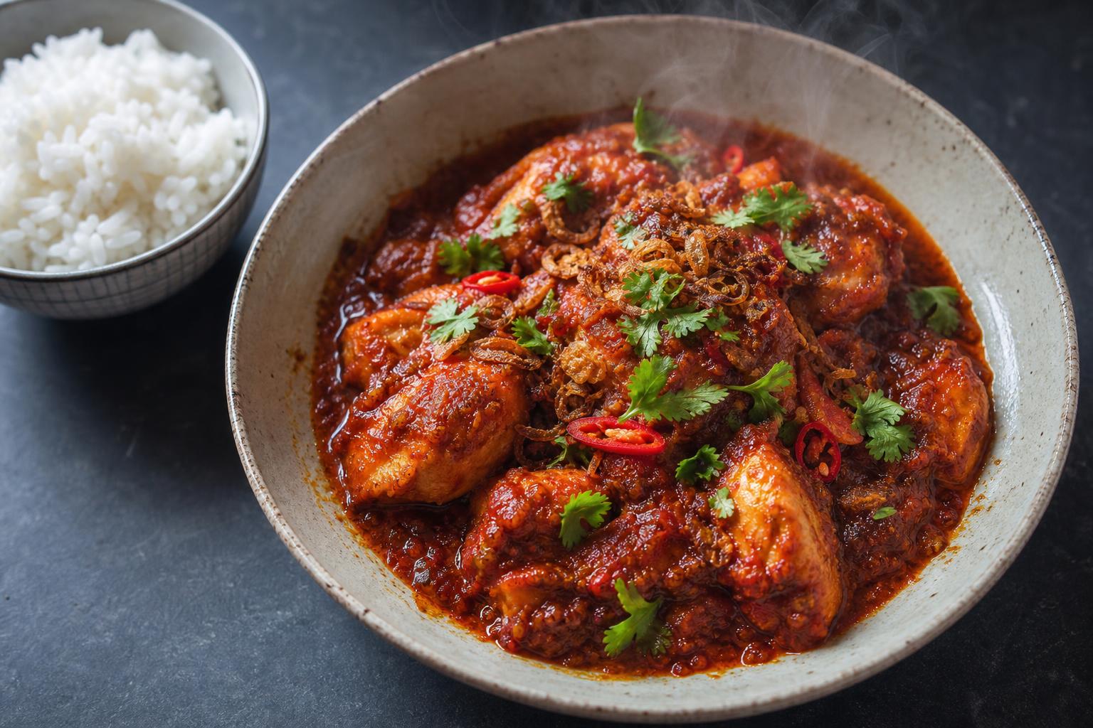 Malaysian ayam masak merah, chicken breast chunks in a glossy red sambal tomato sauce, garnished with fried shallots and red chili in a rustic bowl
