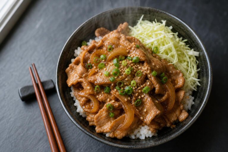 Japanese ginger pork (buta no shogayaki) over rice in a dark bowl with shredded cabbage, scallions and sesame
