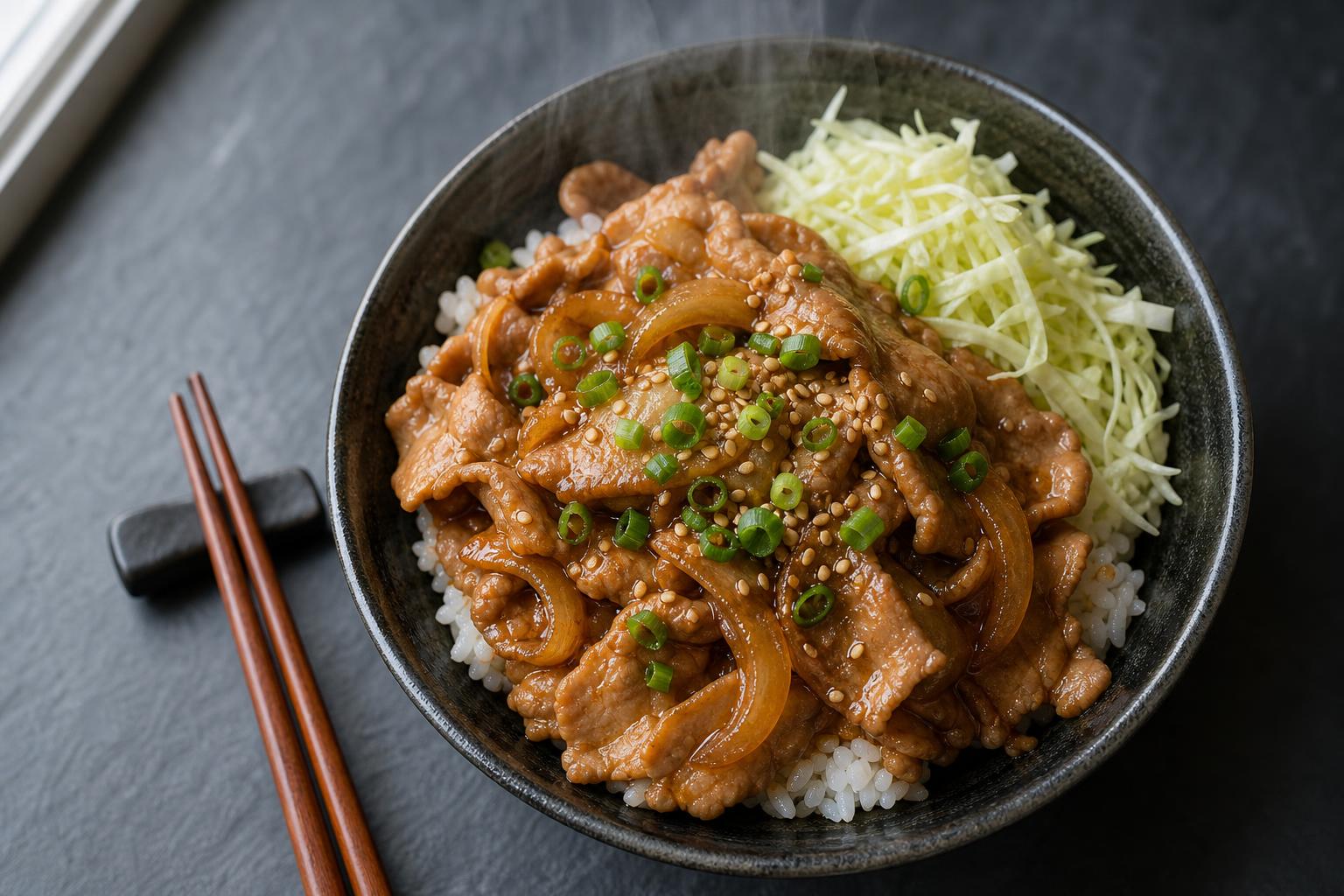 Japanese ginger pork (buta no shogayaki) over rice in a dark bowl with shredded cabbage, scallions and sesame