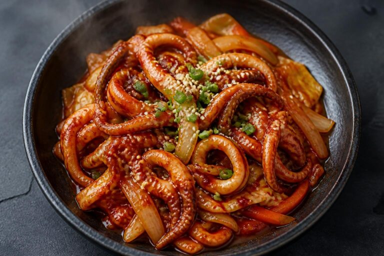 Korean spicy stir-fried squid (ojingeo bokkeum) in a dark bowl, squid rings and tentacles coated in red gochujang sauce with onion, carrot and sesame seeds