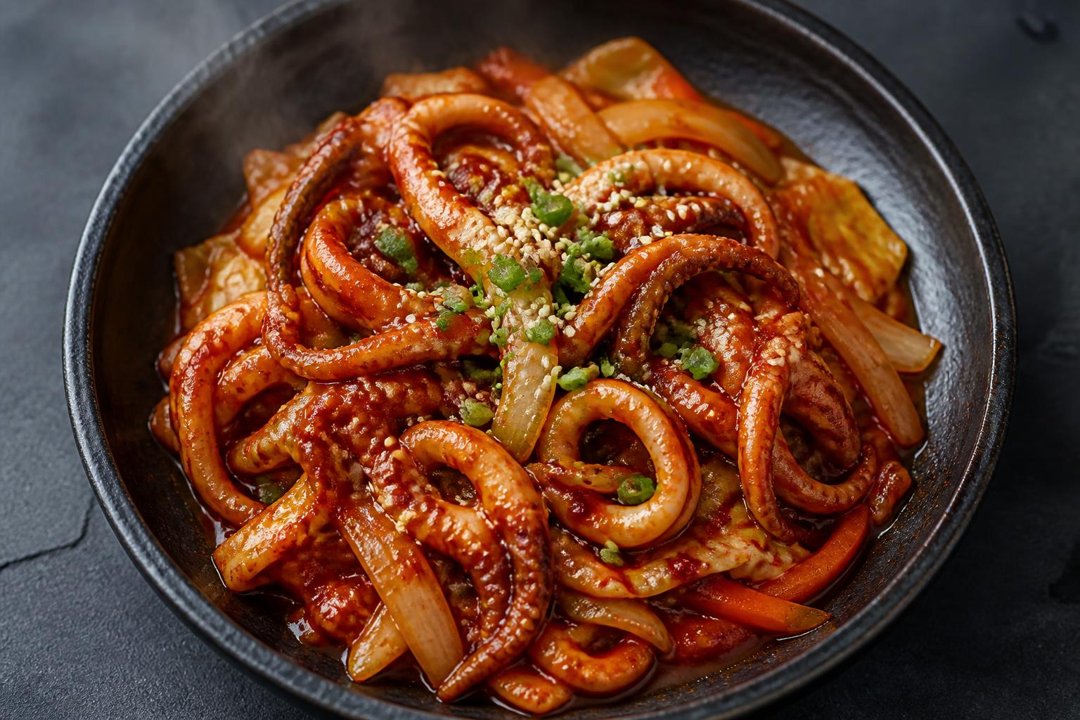 Korean spicy stir-fried squid (ojingeo bokkeum) in a dark bowl, squid rings and tentacles coated in red gochujang sauce with onion, carrot and sesame seeds
